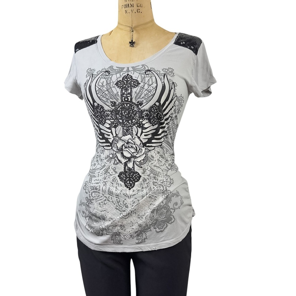 Y2K McBling Graphic Top Sequin Shoulder Ruched Side Cross Print Edgy Grunge Sz S - Picture 5 of 6